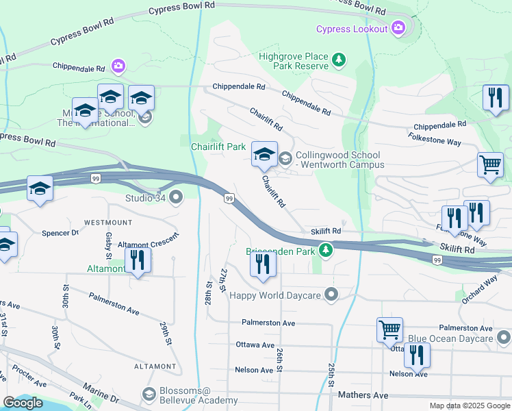 map of restaurants, bars, coffee shops, grocery stores, and more near 2705 Skilift Place in West Vancouver