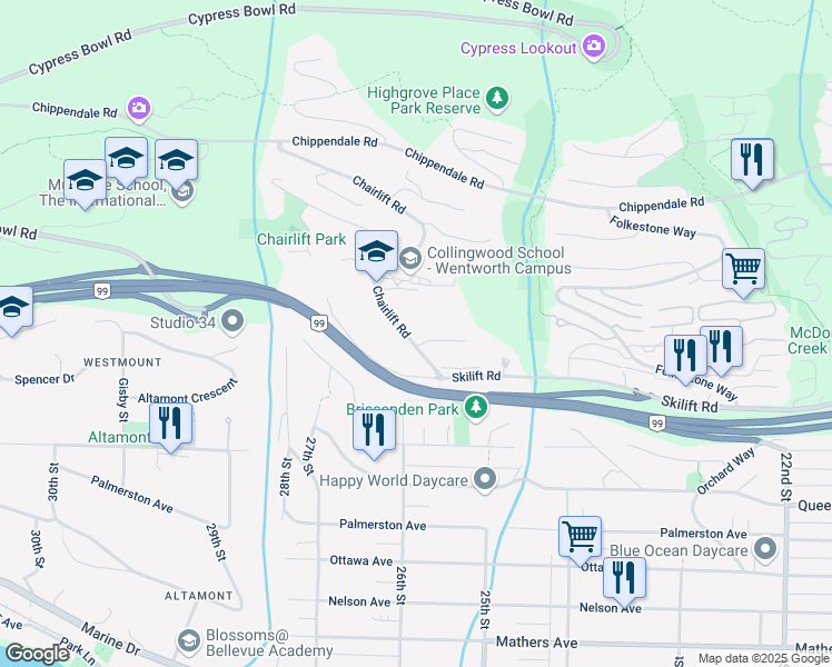 map of restaurants, bars, coffee shops, grocery stores, and more near 2208 Chairlift Road in West Vancouver