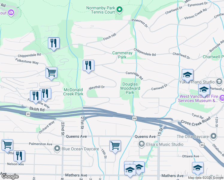 map of restaurants, bars, coffee shops, grocery stores, and more near 2346 Westhill Drive in West Vancouver