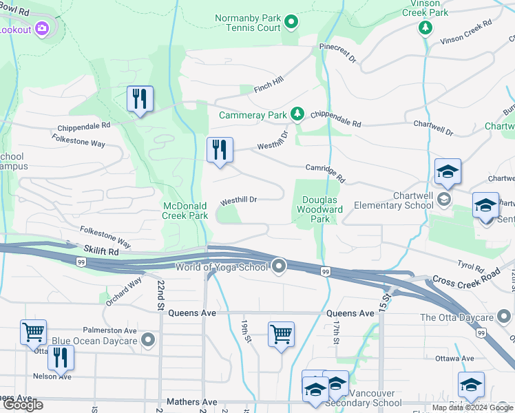 map of restaurants, bars, coffee shops, grocery stores, and more near 2336 Westhill Drive in West Vancouver