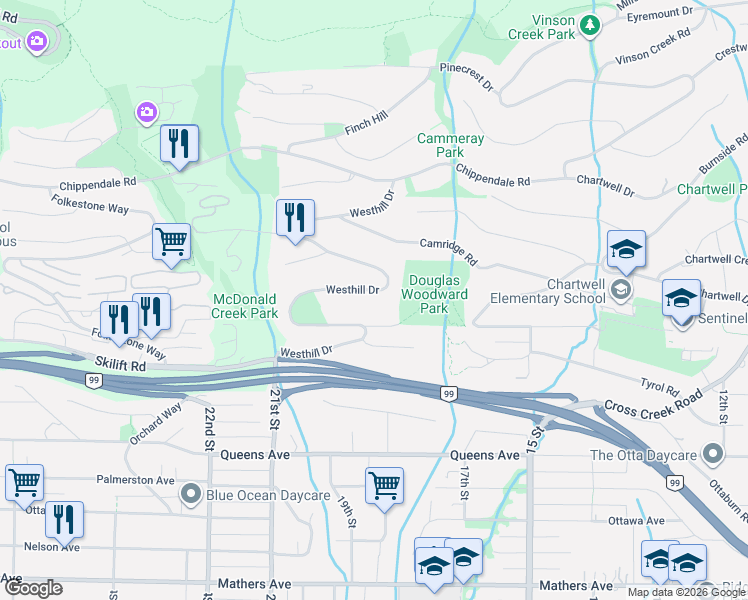map of restaurants, bars, coffee shops, grocery stores, and more near 2346 Westhill Drive in West Vancouver