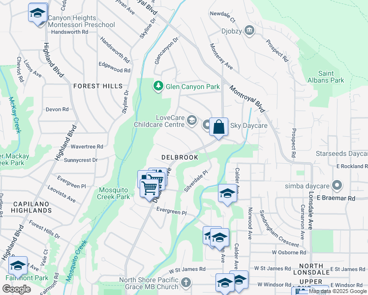 map of restaurants, bars, coffee shops, grocery stores, and more near 517 Granada Crescent in North Vancouver