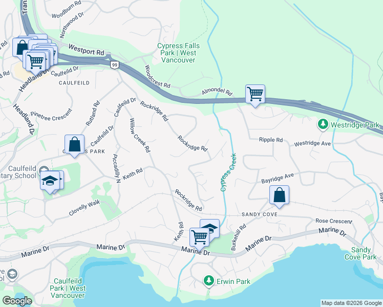map of restaurants, bars, coffee shops, grocery stores, and more near 4265 Rockbank Place in West Vancouver