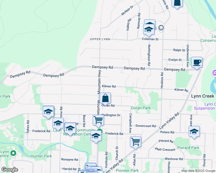 map of restaurants, bars, coffee shops, grocery stores, and more near 1344 Kilmer Road in North Vancouver