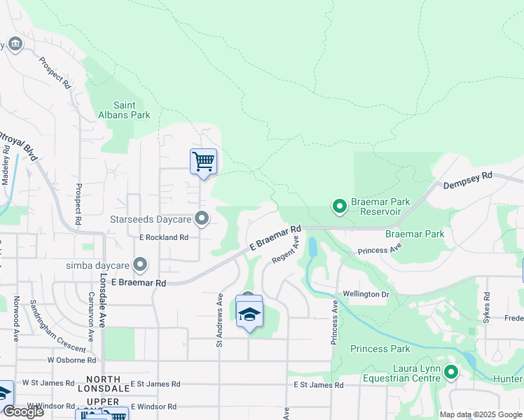 map of restaurants, bars, coffee shops, grocery stores, and more near 3965 Braemar Place in North Vancouver