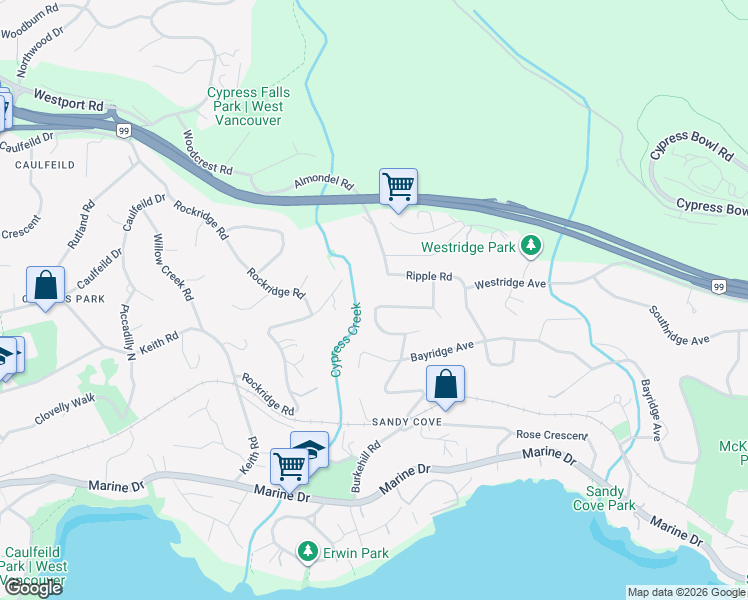map of restaurants, bars, coffee shops, grocery stores, and more near 4138 Burkehill Road in West Vancouver