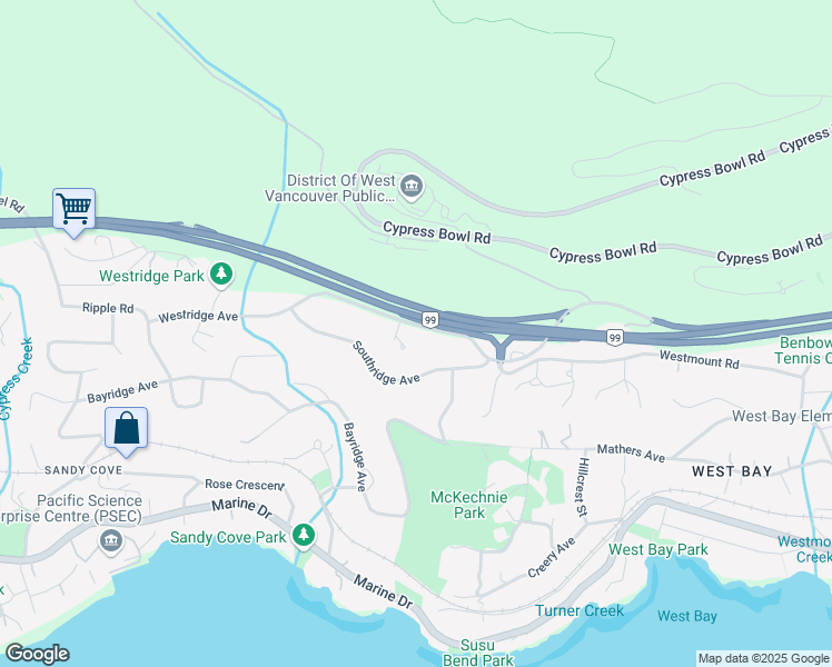map of restaurants, bars, coffee shops, grocery stores, and more near 3782 Westridge Avenue in West Vancouver