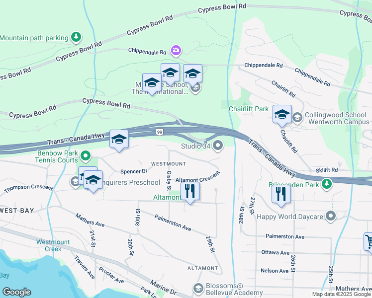 map of restaurants, bars, coffee shops, grocery stores, and more near 2965 Altamont Crescent in West Vancouver