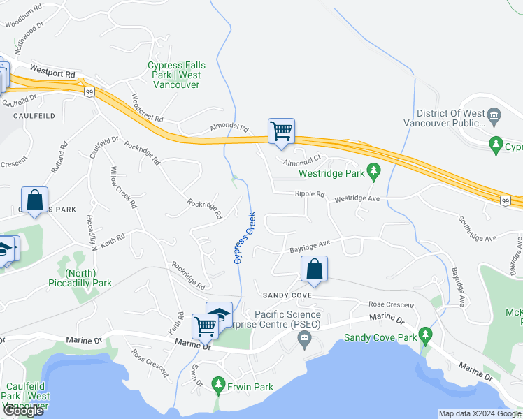 map of restaurants, bars, coffee shops, grocery stores, and more near 4138 Burkehill Road in West Vancouver