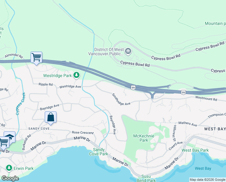 map of restaurants, bars, coffee shops, grocery stores, and more near 3865 Southridge Avenue in West Vancouver