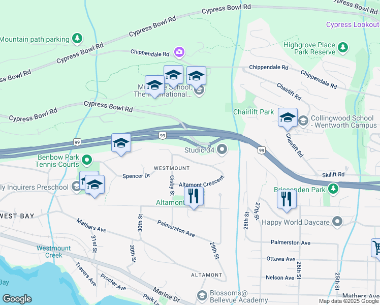 map of restaurants, bars, coffee shops, grocery stores, and more near 2965 Altamont Crescent in West Vancouver