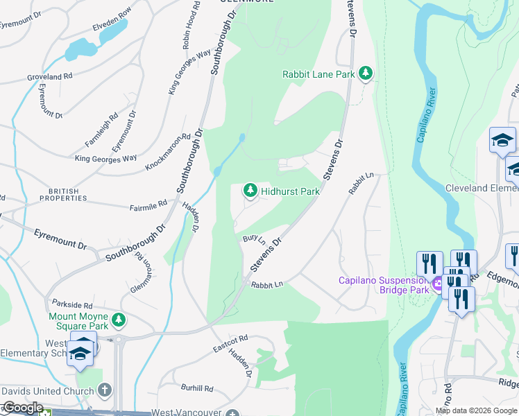 map of restaurants, bars, coffee shops, grocery stores, and more near 388 Hidhurst Place in West Vancouver