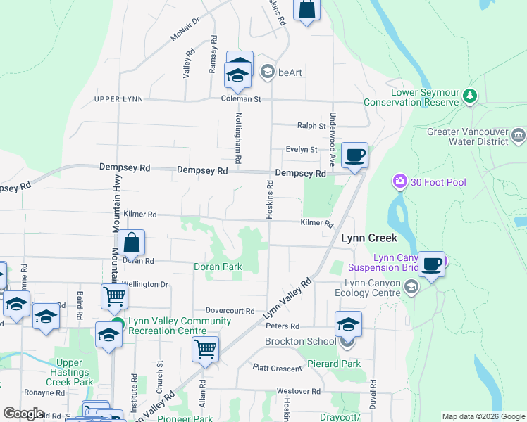 map of restaurants, bars, coffee shops, grocery stores, and more near 4035 Hoskins Road in North Vancouver
