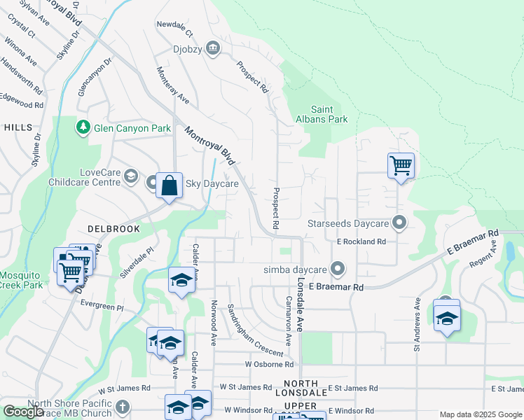 map of restaurants, bars, coffee shops, grocery stores, and more near 192 Montroyal Boulevard in North Vancouver