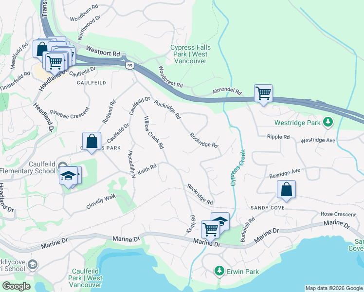 map of restaurants, bars, coffee shops, grocery stores, and more near 4249 Rockbank Place in West Vancouver