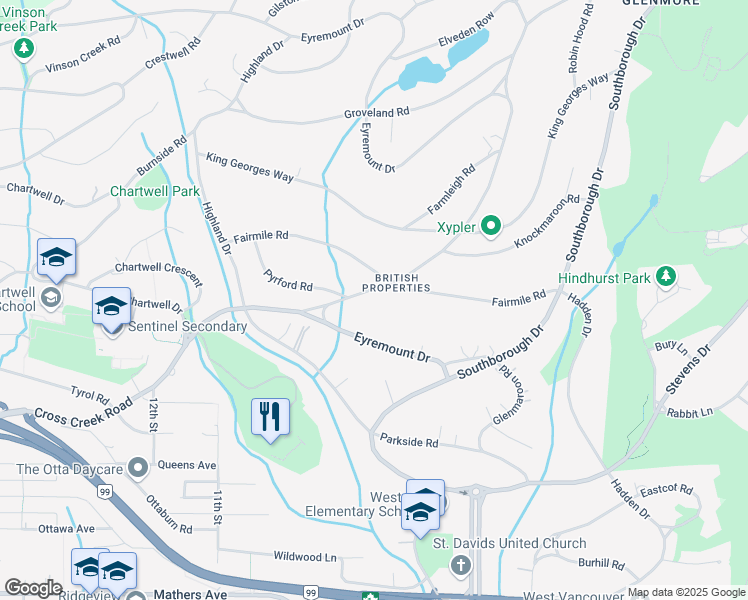map of restaurants, bars, coffee shops, grocery stores, and more near 791 Eyremount Drive in West Vancouver