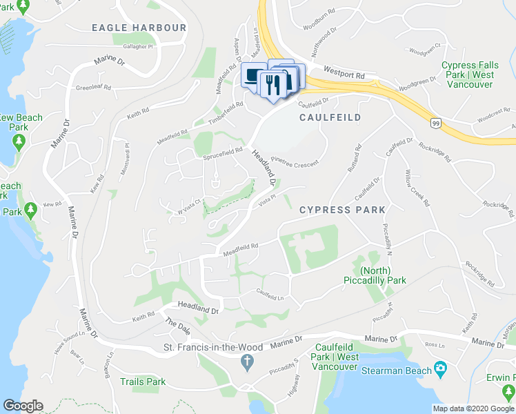 map of restaurants, bars, coffee shops, grocery stores, and more near 4898 Vista Place in West Vancouver