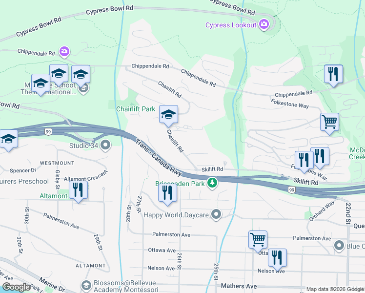 map of restaurants, bars, coffee shops, grocery stores, and more near 2222 Chairlift Road in West Vancouver