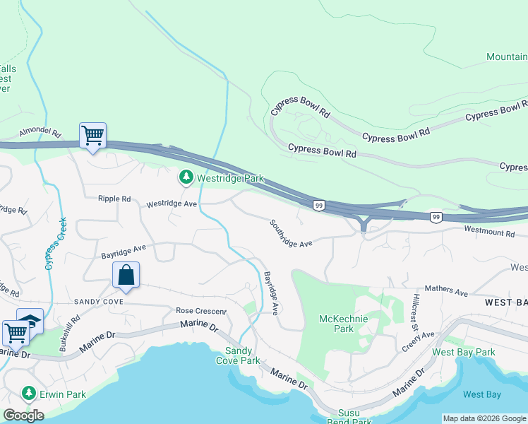 map of restaurants, bars, coffee shops, grocery stores, and more near 3895 Southridge Avenue in West Vancouver