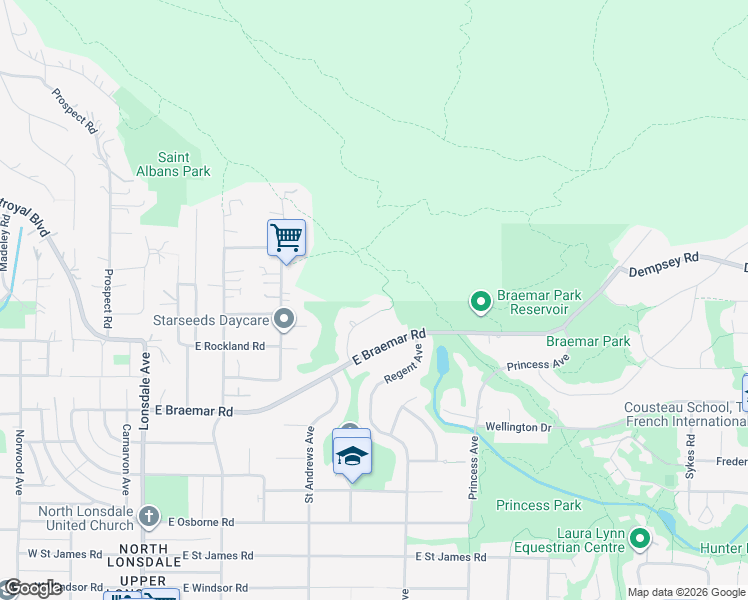 map of restaurants, bars, coffee shops, grocery stores, and more near 3973 Braemar Place in North Vancouver