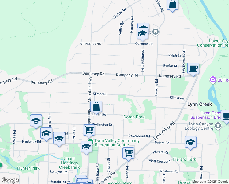 map of restaurants, bars, coffee shops, grocery stores, and more near 1422 Kilmer Road in North Vancouver