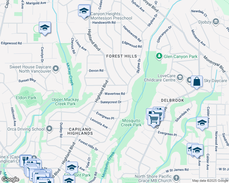 map of restaurants, bars, coffee shops, grocery stores, and more near in North Vancouver