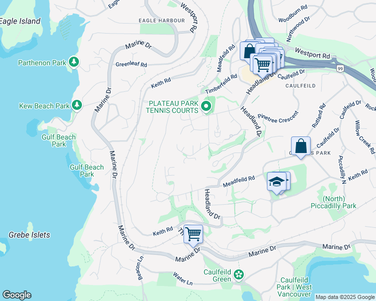 map of restaurants, bars, coffee shops, grocery stores, and more near 5463 West Vista Court in West Vancouver