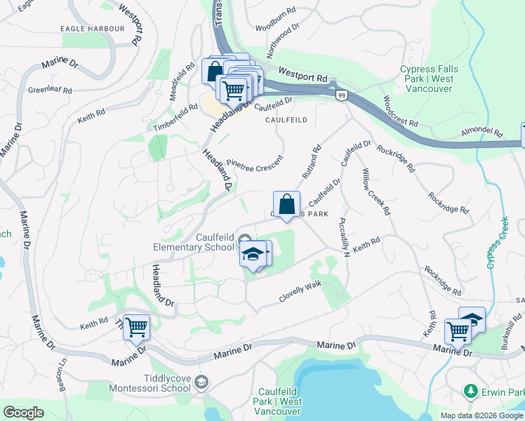 map of restaurants, bars, coffee shops, grocery stores, and more near 4635 Caulfeild Drive in West Vancouver