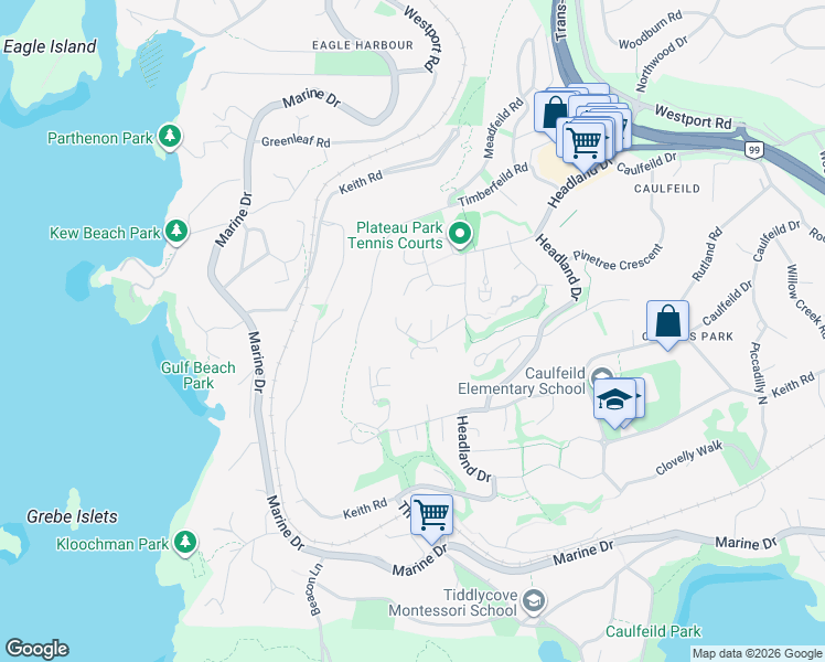 map of restaurants, bars, coffee shops, grocery stores, and more near 5467 West Vista Court in West Vancouver