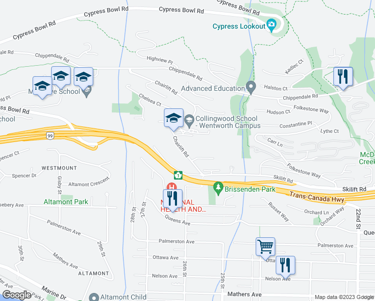 map of restaurants, bars, coffee shops, grocery stores, and more near 2222 Chairlift Road in West Vancouver