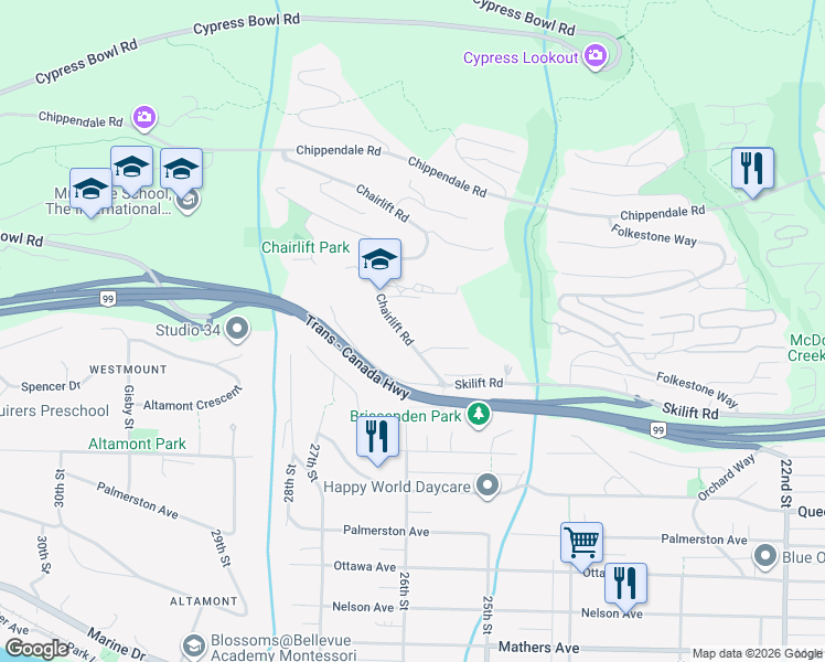 map of restaurants, bars, coffee shops, grocery stores, and more near 2222 Chairlift Road in West Vancouver