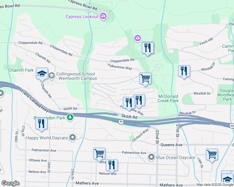 map of restaurants, bars, coffee shops, grocery stores, and more near 2416 Carr Lane in West Vancouver