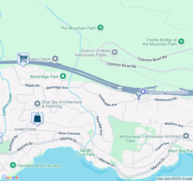 map of restaurants, bars, coffee shops, grocery stores, and more near 3895 Southridge Avenue in West Vancouver