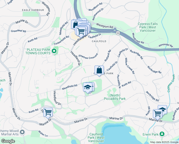 map of restaurants, bars, coffee shops, grocery stores, and more near 4635 Caulfeild Drive in West Vancouver