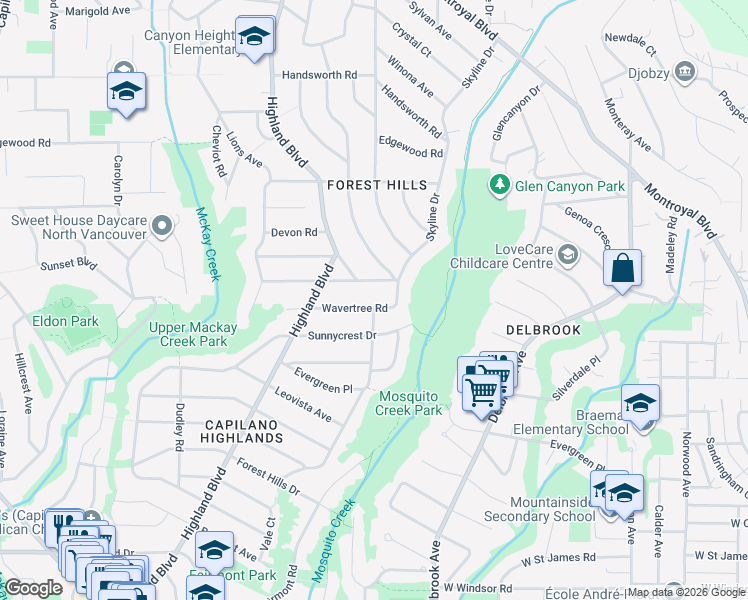 map of restaurants, bars, coffee shops, grocery stores, and more near 896 Wavertree Road in North Vancouver