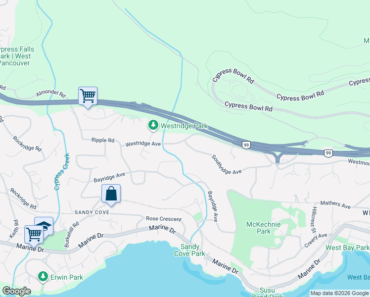 map of restaurants, bars, coffee shops, grocery stores, and more near 3918 Southridge Avenue in West Vancouver