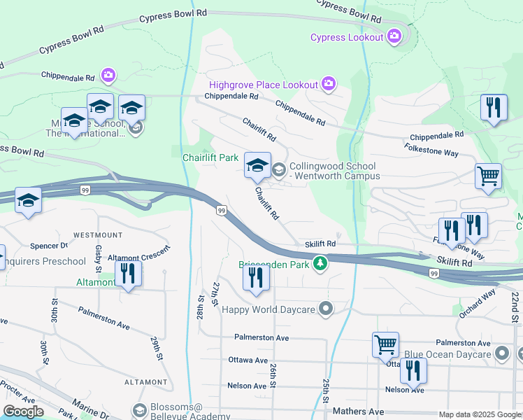 map of restaurants, bars, coffee shops, grocery stores, and more near 2235 Chairlift Road in West Vancouver