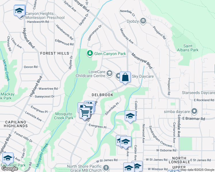 map of restaurants, bars, coffee shops, grocery stores, and more near 518 Granada Crescent in North Vancouver