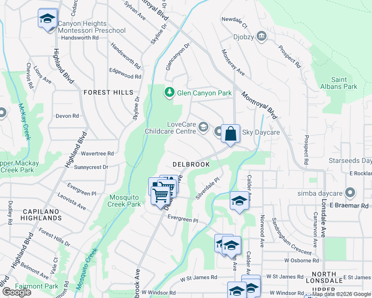 map of restaurants, bars, coffee shops, grocery stores, and more near 545 Granada Crescent in North Vancouver