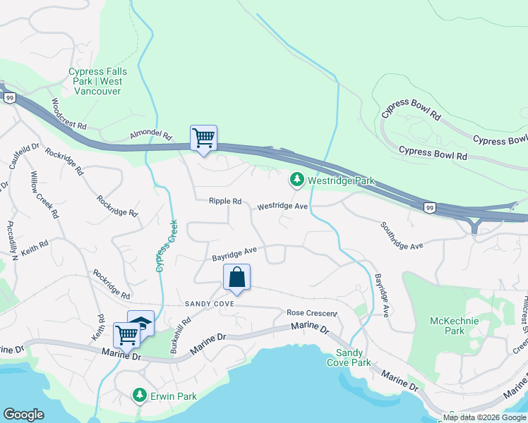 map of restaurants, bars, coffee shops, grocery stores, and more near 3980 Westridge Avenue in West Vancouver