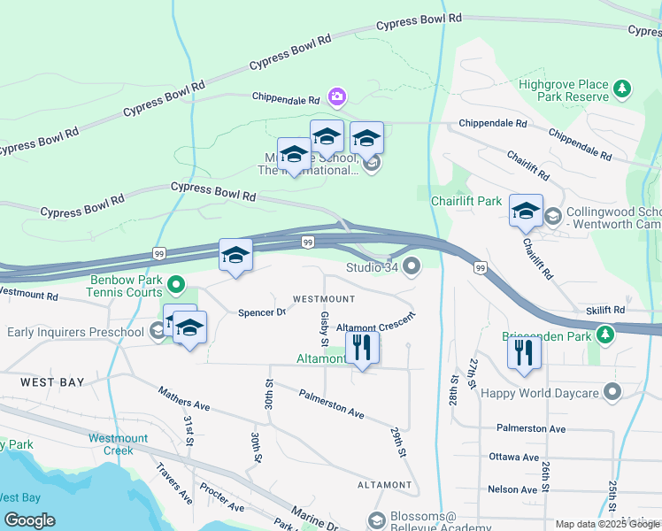 map of restaurants, bars, coffee shops, grocery stores, and more near 2995 Altamont Crescent in West Vancouver