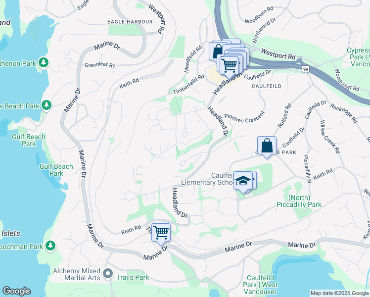 map of restaurants, bars, coffee shops, grocery stores, and more near 5402 West Vista Court in West Vancouver