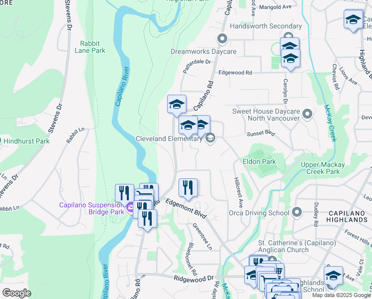 map of restaurants, bars, coffee shops, grocery stores, and more near 1279 Eldon Road in North Vancouver