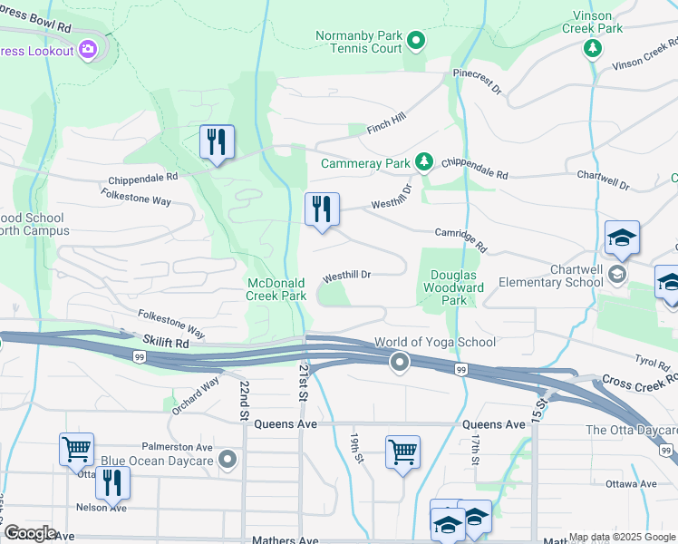 map of restaurants, bars, coffee shops, grocery stores, and more near 2327 Westhill Drive in West Vancouver