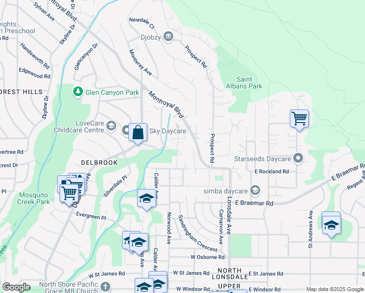 map of restaurants, bars, coffee shops, grocery stores, and more near 4066 Norwood Avenue in North Vancouver