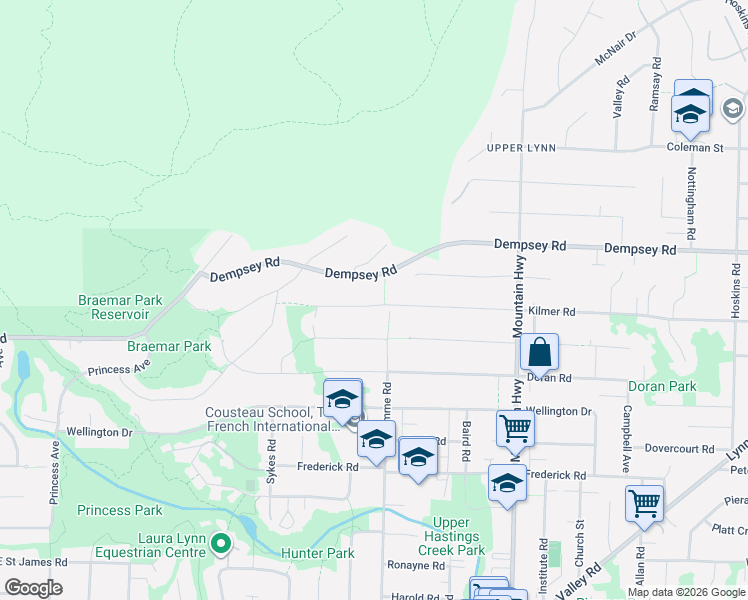 map of restaurants, bars, coffee shops, grocery stores, and more near 1074 Kilmer Road in North Vancouver