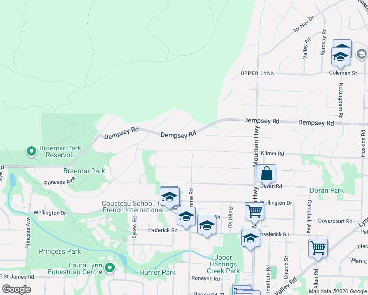 map of restaurants, bars, coffee shops, grocery stores, and more near 1074 Kilmer Road in North Vancouver