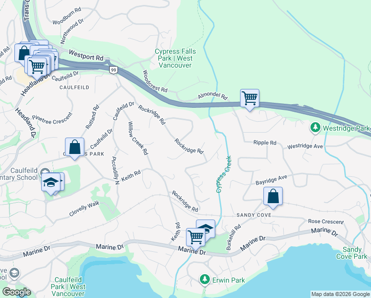 map of restaurants, bars, coffee shops, grocery stores, and more near 4246 Rockridge Road in West Vancouver