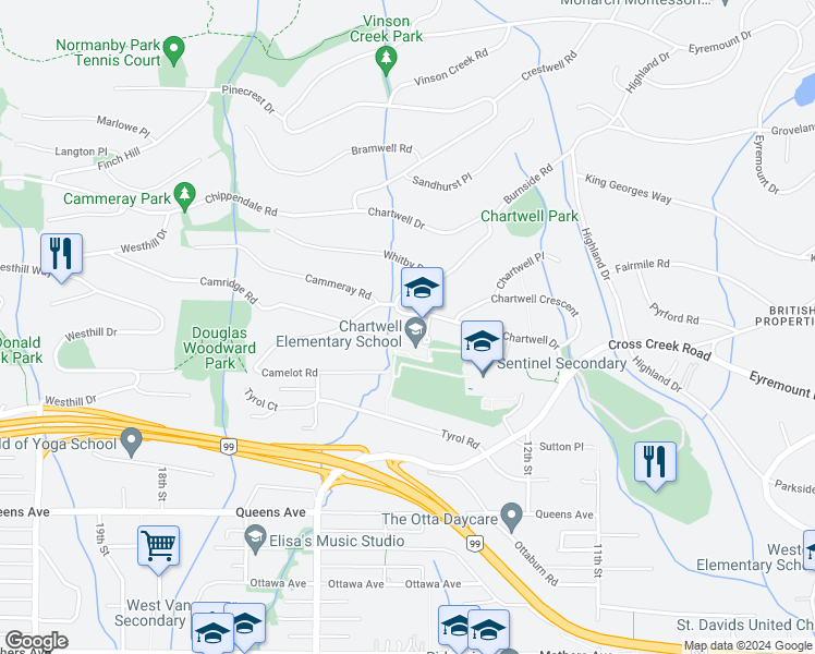 map of restaurants, bars, coffee shops, grocery stores, and more near 1314 Chartwell Drive in West Vancouver