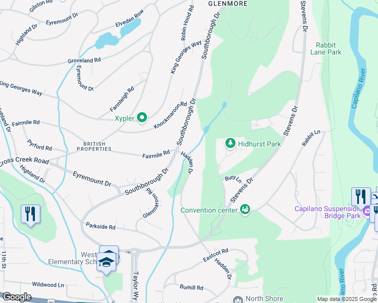 map of restaurants, bars, coffee shops, grocery stores, and more near 597 Hadden Drive in West Vancouver
